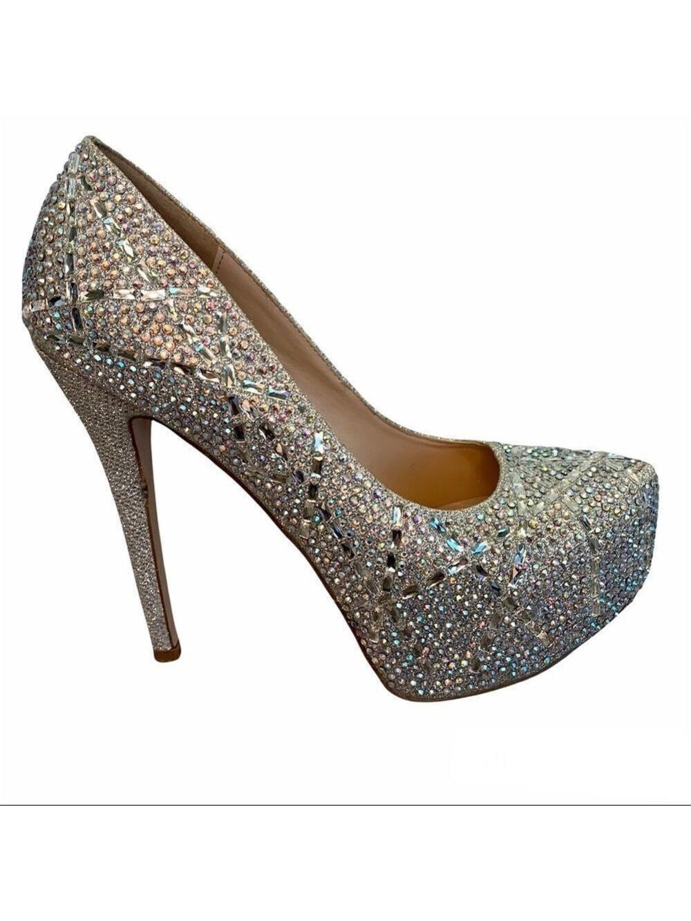 Silver with embellished iridescent Rhinestone gem platform pump High heels 8.5